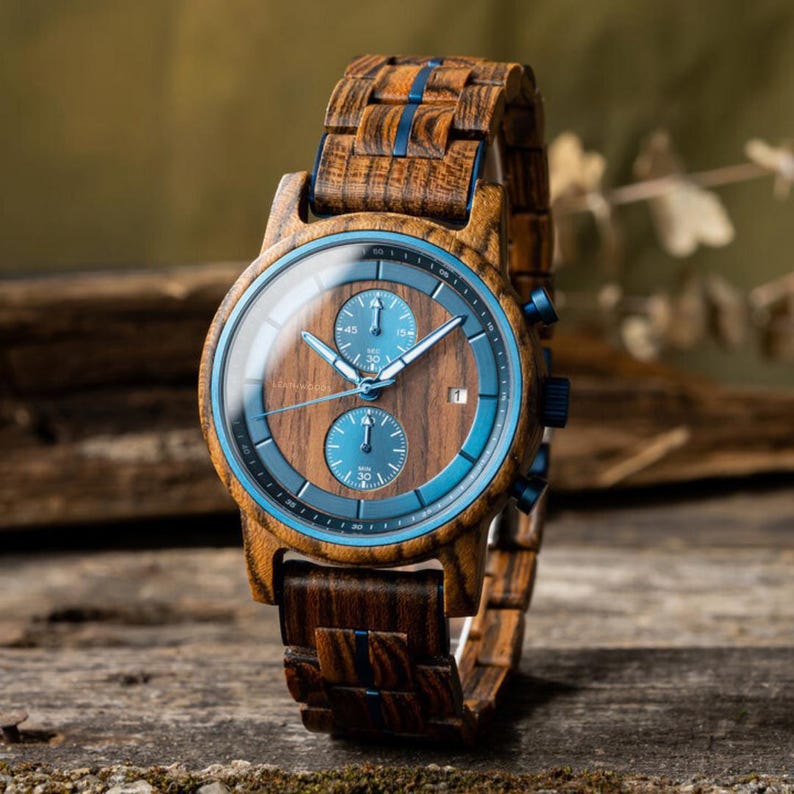 Luxury wooden watch men brown blue dial luminous hands detail