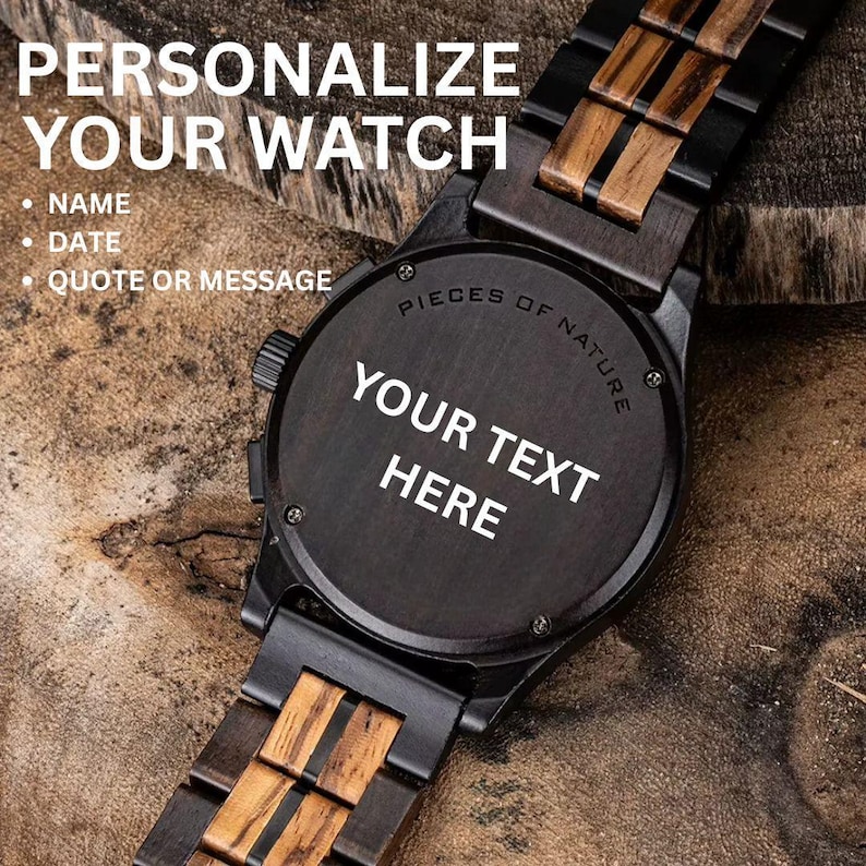 Engraved wooden watch back showing custom personalization, ebony and zebrawood men’s watch, meaningful wedding or anniversary gift