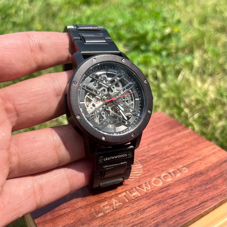 Skeleton wooden watch presented in luxury wooden gift box for anniversary gift