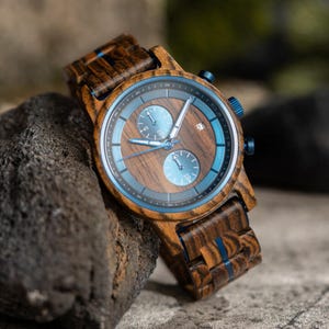 Mens wooden watch chronograph sub dials detail brown blue face
