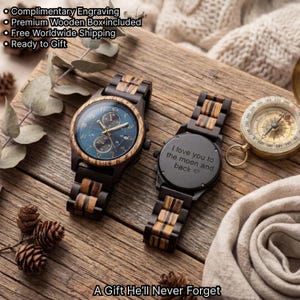 Front and back view of Raven wooden watch laid on wood surface, showing custom engraved back case, personalized wooden watch for men, wedding or anniversary gift