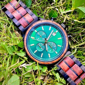Side angle view of handmade wooden watch for men highlighting natural wood grain, polished wooden case, premium craftsmanship