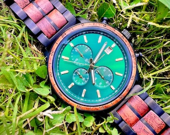 Personalized Walnut Wood Watch | Green Dial Men's Chronograph (Engraved)