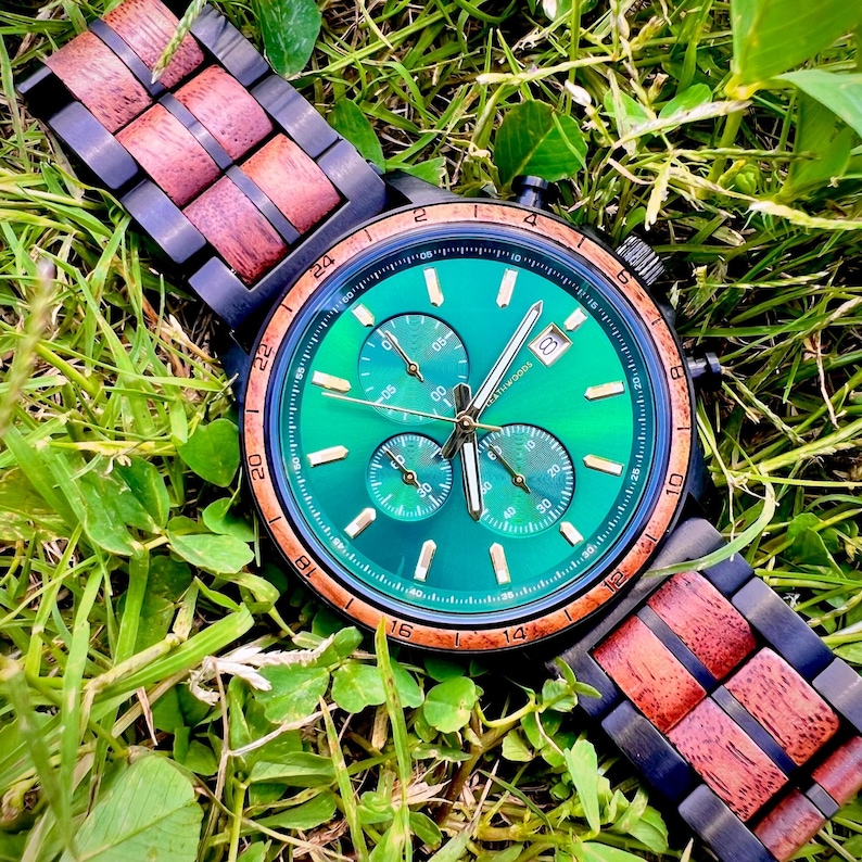 Side angle view of handmade wooden watch for men highlighting natural wood grain, polished wooden case, premium craftsmanship
