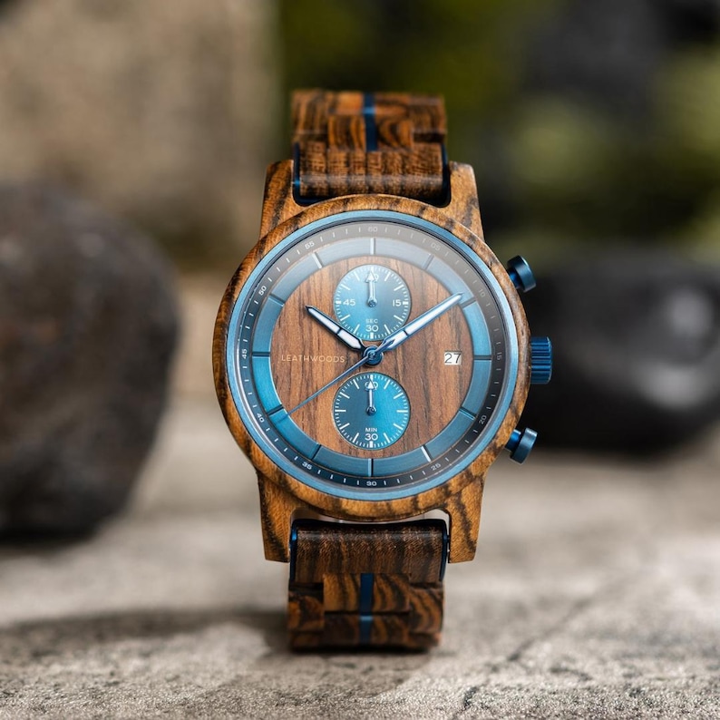Personalized engraved wooden watch for men zebrawood blue dial front view