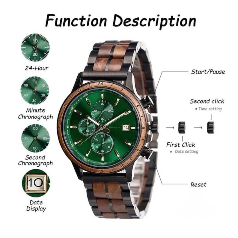Size reference view of wooden watch, showing case diameter and band width, personalized ebony and zebrawood men’s wristwatch