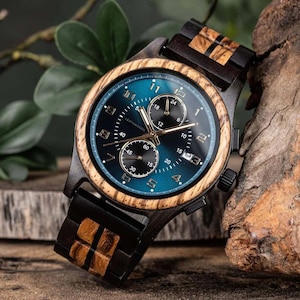 Side angle view of handmade wooden watch for men highlighting natural wood grain, polished wooden case, premium craftsmanship