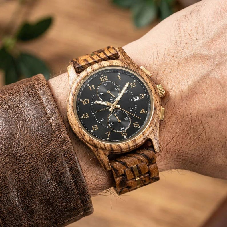 Man wearing personalized wooden watch on hand, handmade zebrawood wrist watch gift for him