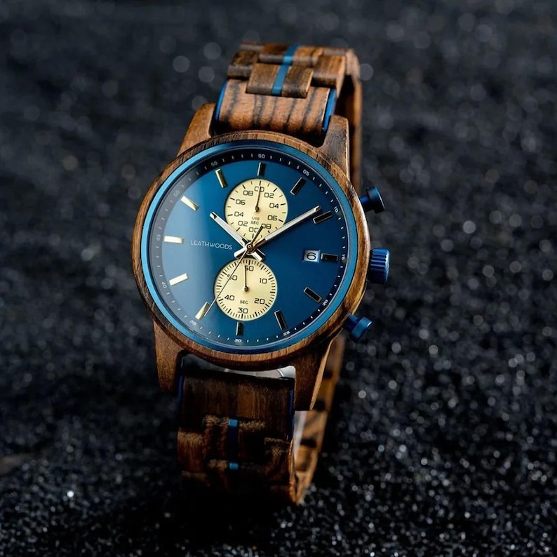 Side angle view of engraved wooden watch for men showing slim 11.8mm case and natural wood grain detail