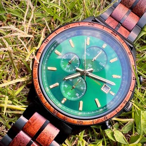 Personalized Aurora wooden watch for men featuring Walnut wood, Green face dial, handmade wooden wristwatch gift