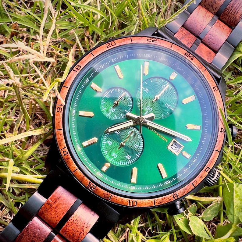 Personalized Aurora wooden watch for men featuring Walnut wood, Green face dial, handmade wooden wristwatch gift