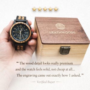 5-star customer review image showing engraved wooden watch for men with ebony zebrawood strap and personalized backcase gift box.