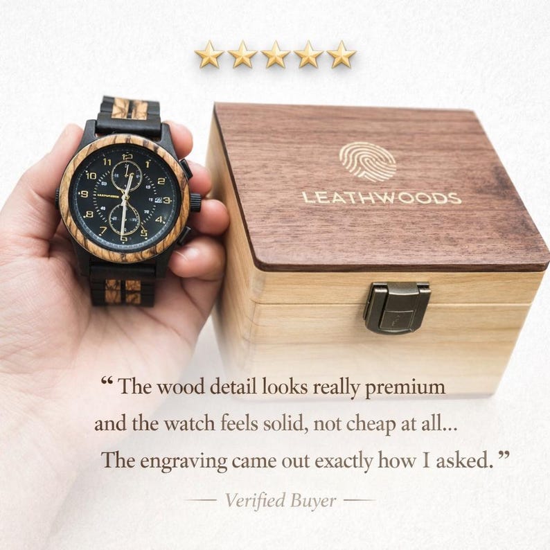 5-star customer review image showing engraved wooden watch for men with ebony zebrawood strap and personalized backcase gift box.
