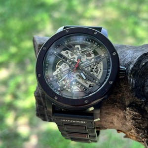 Personalised engraved skeleton watch of stainless steel clasp with wood inlay on mens wooden watch