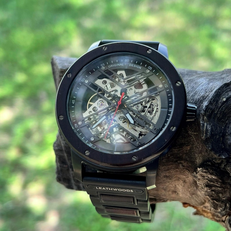 Personalised engraved skeleton watch of stainless steel clasp with wood inlay on mens wooden watch