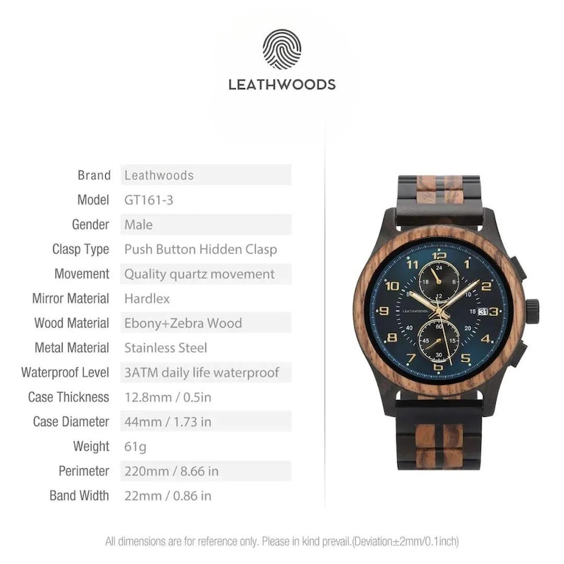 Detailed view of Raven wooden watch showing functions, features, and dimensions, multi function subdials, handcrafted ebony and zebrawood men’s watch