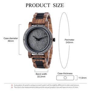 May include: A wooden wristwatch with a gray stone-like face and a brown wooden band. The watch has a case diameter of 46mm, a band width of 22.2mm, and a case thickness of 11.6mm. The perimeter is 240mm. The brand name "LEATHWOODS" is visible.