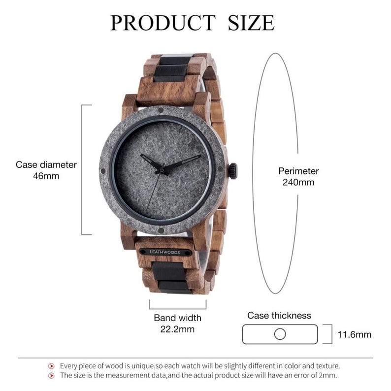 May include: A wooden wristwatch with a gray stone-like face and a brown wooden band. The watch has a case diameter of 46mm, a band width of 22.2mm, and a case thickness of 11.6mm. The perimeter is 240mm. The brand name "LEATHWOODS" is visible.
