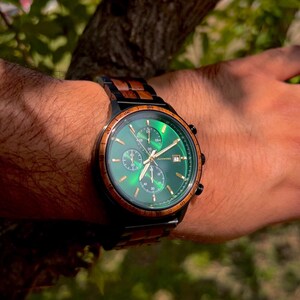 Personalized wooden watch for men showing artisan wood texture, engraved men’s wristwatch gift idea Wearing on wrist
