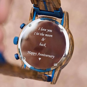 Engraved wooden watch back case personalization example message
Personalized gift for dad wooden watch engraving back view
