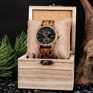 Personalized wooden watch displayed in premium wooden gift box, engraved men’s zebrawood watch gift