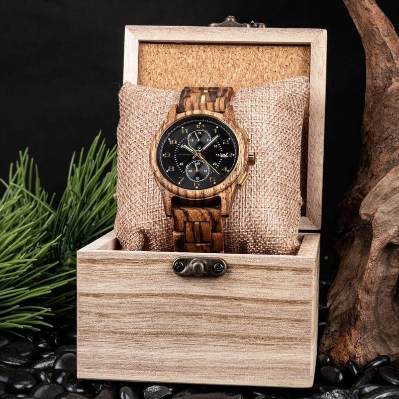 Personalized wooden watch displayed in premium wooden gift box, engraved men’s zebrawood watch gift
