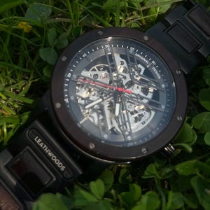 Close view of wooden watch Dial skeleton personalised watch