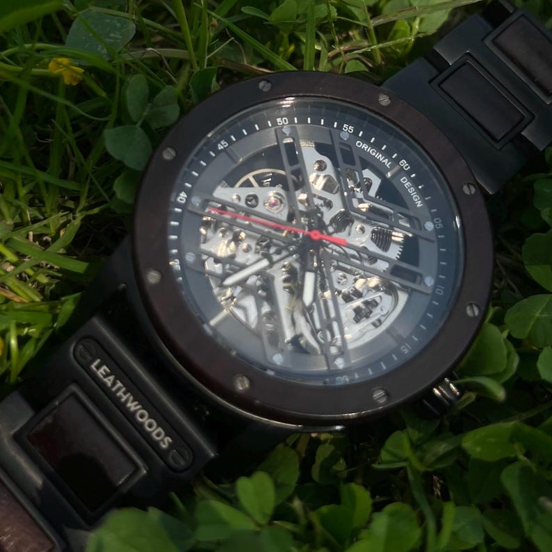 Close view of wooden watch Dial skeleton personalised watch