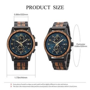 Size reference view of Raven wooden watch laid on wood, showing case diameter and band width, personalized ebony and zebrawood men’s wristwatch
