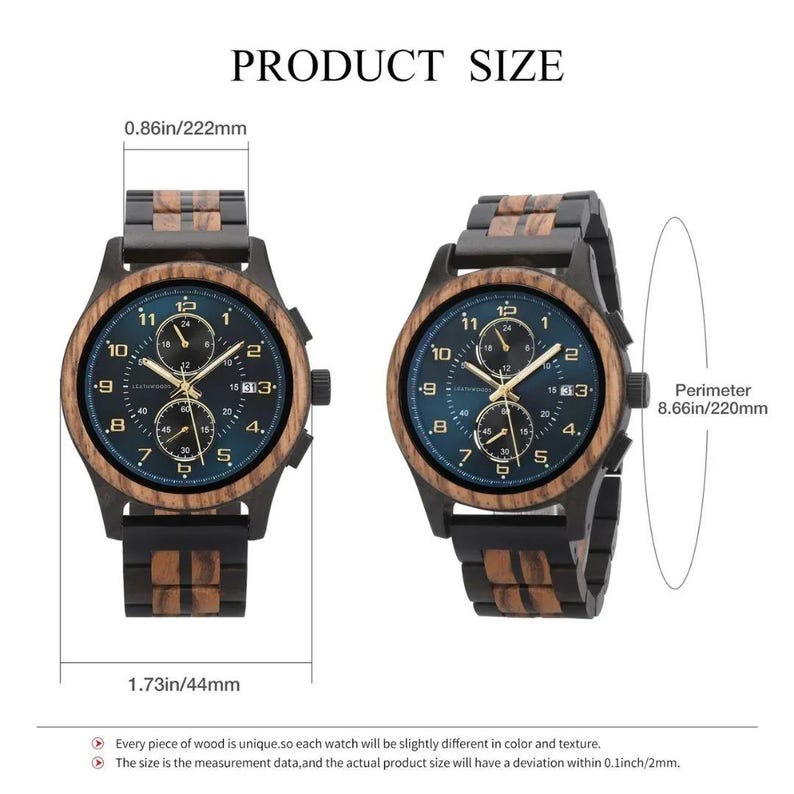 Size reference view of Raven wooden watch laid on wood, showing case diameter and band width, personalized ebony and zebrawood men’s wristwatch