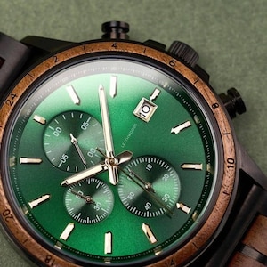 Close up of Walnut wood men’s wooden watch, adjustable wooden band with natural inlay, eco friendly gift