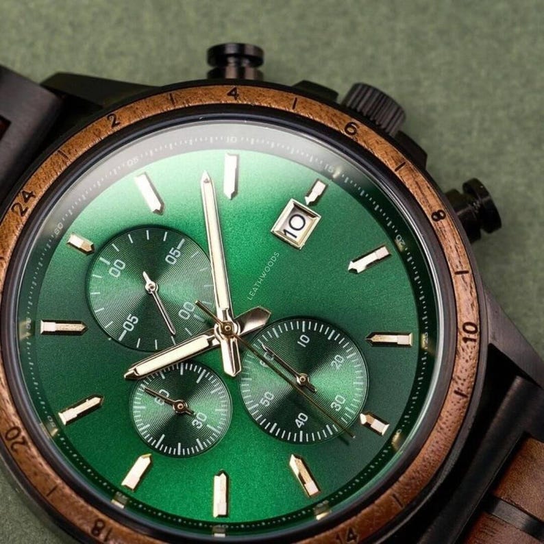 Close up of Walnut wood men’s wooden watch, adjustable wooden band with natural inlay, eco friendly gift