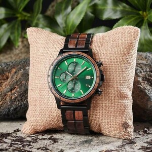 Side angle view of handmade wooden watch for men highlighting natural wood grain, polished wooden case, premium craftsmanship
