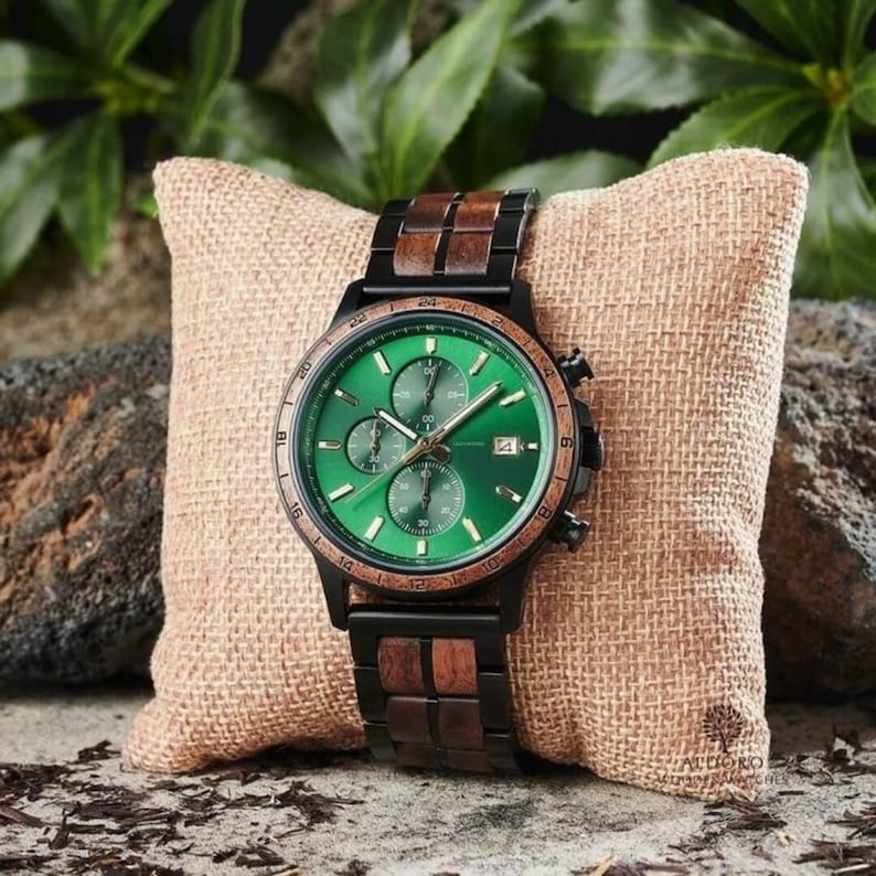 Side angle view of handmade wooden watch for men highlighting natural wood grain, polished wooden case, premium craftsmanship