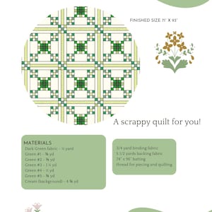May include: A quilt pattern titled "Mountain Paths" with a circular design of green and cream squares. The finished size is 71" x 93". The text "A scrappy quilt for you!" is also included. Materials and yardage are listed.