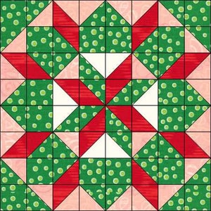 Puede incluir: Un bloque de colcha con un diseño de estrella. El bloque está hecho de tela roja, blanca, verde y rosa. La tela verde tiene un patrón de lunares blancos.