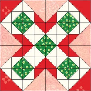 May include: A quilt block pattern with red, white, and green squares and triangles. The green squares have white polka dots.