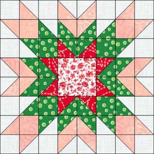 May include: A quilt block with a star design in red, green, and pink fabrics. The star is surrounded by a border of pink triangles.