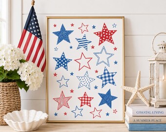 Red White and Blue Patterned Stars Digital Print
