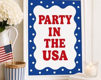 Party in the USA Digital Print With Blue and White Polka Dot Border