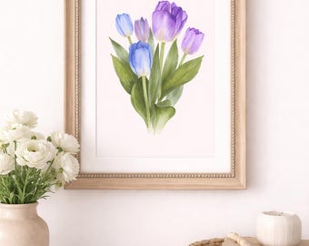 Impresión artística digital de tulipanes azules y morados.