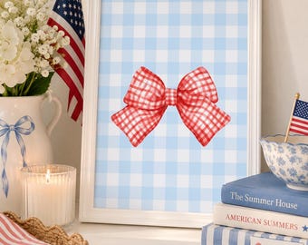 Czerwona kokarda w kratkę gingham z niebieskim tłem w kratkę gingham, wydruk cyfrowy