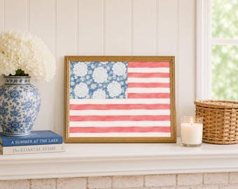 White Hydrangea American Flag Print with white border