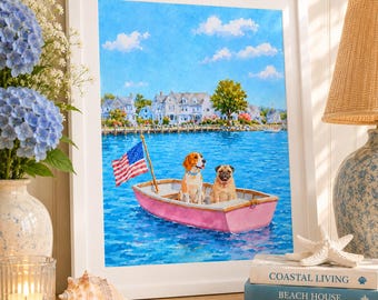 Estampado digital estilo Nantucket con beagle y carlino.