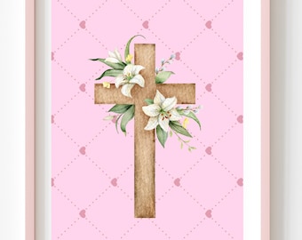 Impresión digital con fondo de cruz de flores y corazón rosa