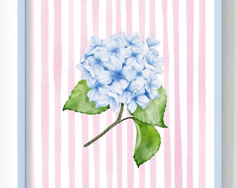 Impresión digital de hortensia azul con fondo de rayas rosas y blancas.