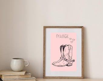 Diseño de arte mural digital con botas de vaquera y fondo rosa.