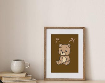 Impresión decorativa de pared de oso pardo con lazos rosas