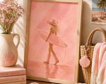 Vaquera surfista con fondo rosa