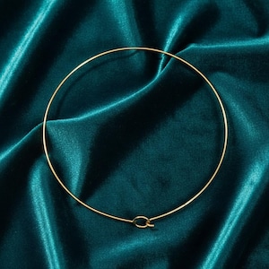 May include: A delicate gold-colored choker necklace. The necklace is a simple, thin, circular design with a small clasp closure. The jewelry is set against a backdrop of deep teal fabric.